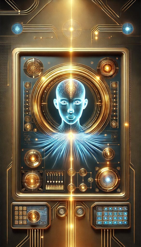 Futuristic digital artwork depicting a humanoid figure with a glowing face surrounded by golden circuits and intricate patterns on a dark background, evoking a high-tech, cybernetic theme.