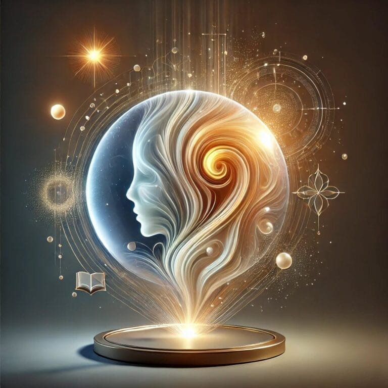 Representing our Empathic AI - a mystical sphere with a side profile of a woman's face, blending into swirling blue and gold patterns. Surrounding the sphere are celestial symbols, a book, and geometric designs, all set against a dark background with glowing highlights.