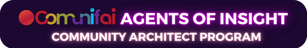 Logo with colorful text "Omnifai" followed by "Agents of Insight" in large, glowing white font. Below, "Community Architect Program" is written in smaller, glowing white font on a dark background.