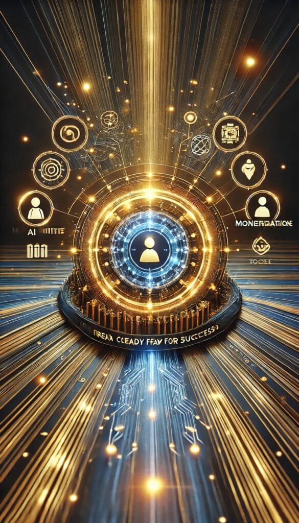 A futuristic digital interface with a circular hub glowing in gold and blue. Icons surround it, depicting AI, user connections, and data security. Light beams radiate outward, creating an impression of energy and innovation.