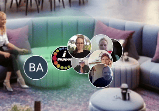 A cozy home lounge features a round teal sofa surrounded by circular profile images and a logo, creating an inviting atmosphere. In the foreground, round tables hold small decor items. This early access space blends comfort with community charm.