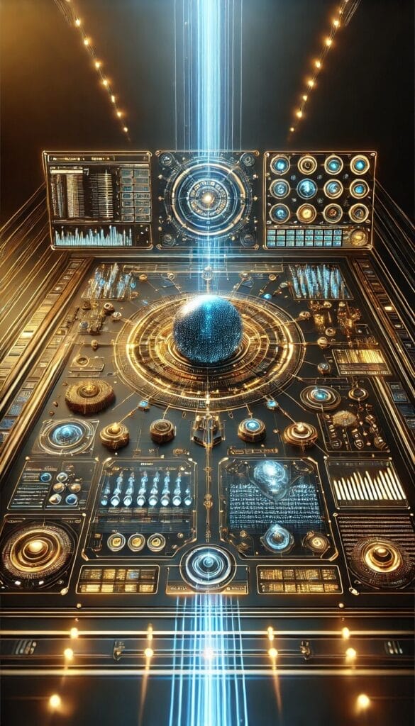A futuristic control panel with holographic displays, graphs, and circular interfaces. A glowing orb is centered, surrounded by various illuminated dials and screens. Blue light beams traverse vertically, enhancing the sci-fi ambiance.