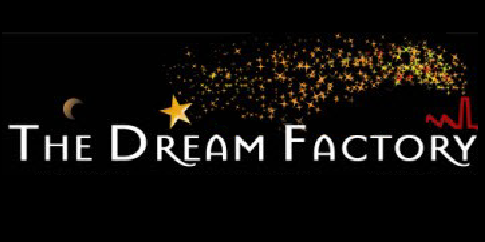 The image shows the text "The Dream Factory" with a crescent moon and a star on a black background. Stars scatter from the top right, forming an arc. A red heart rate line is visible on the far right.