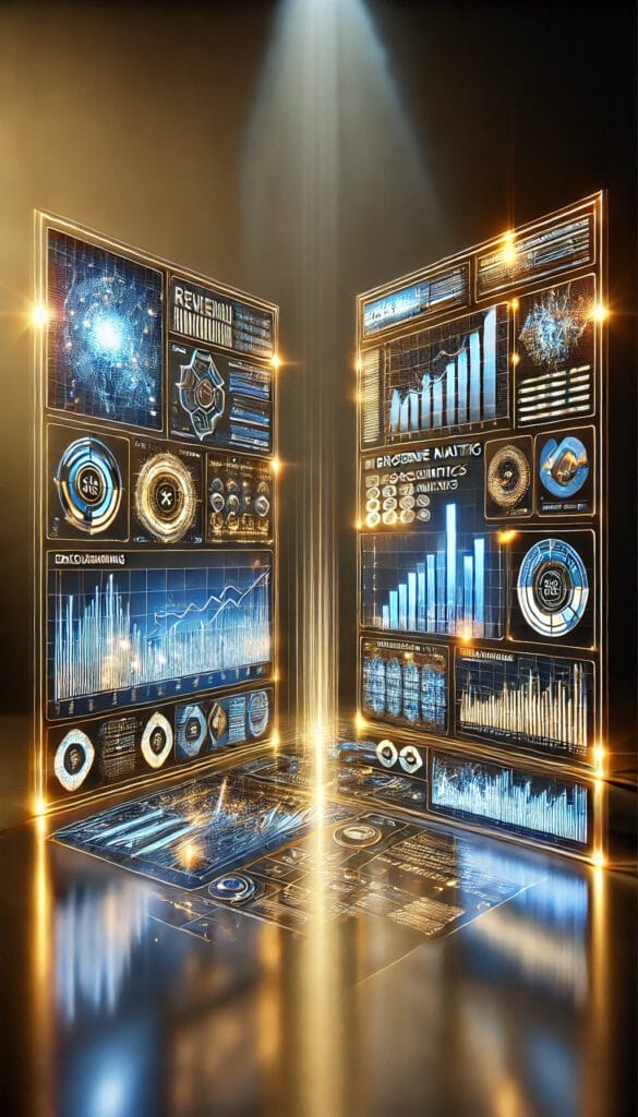 Futuristic digital interface displaying glowing blue and orange graphs, charts, and data visualizations on transparent screens. A spotlight illuminates the scene, reflecting off the glossy floor.