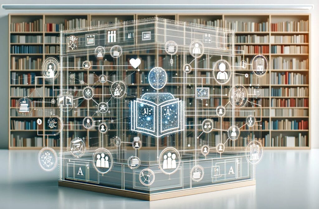 A digital hologram displaying AI and data science icons is projected in front of large bookshelves. The hologram includes symbols of gears, data charts, a book with "AI" on it, and various interconnected network lines.