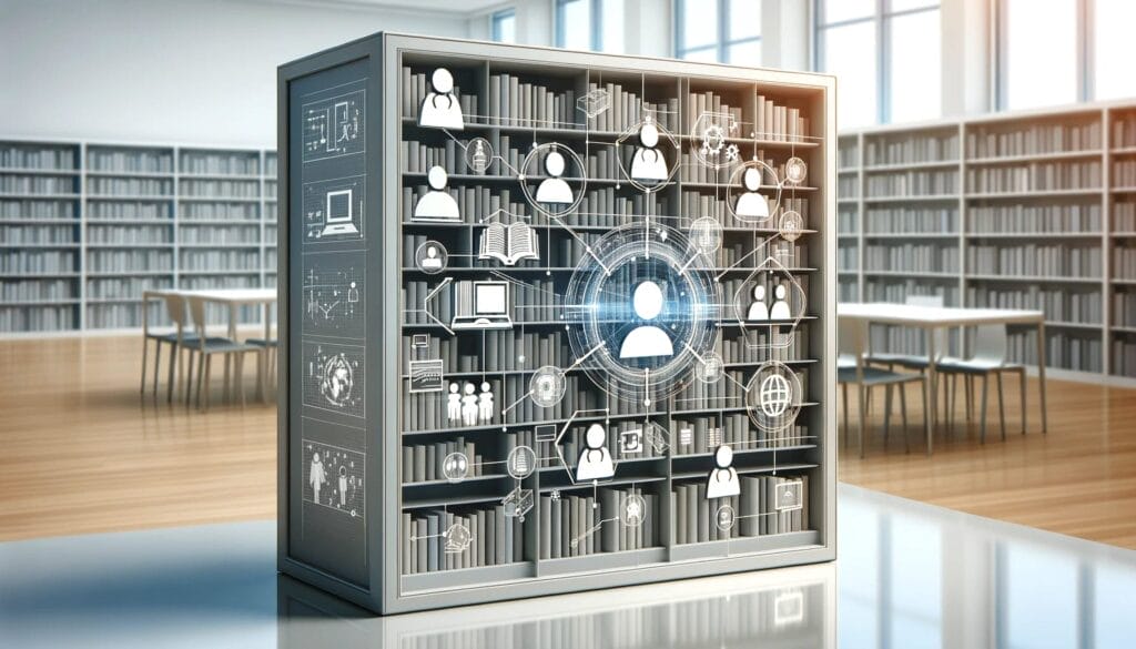 A bookshelf in a library is overlaid with digital icons like people, books, and networks, illustrating a blend of traditional and digital learning. The background features tables and more bookshelves in a well-lit room.