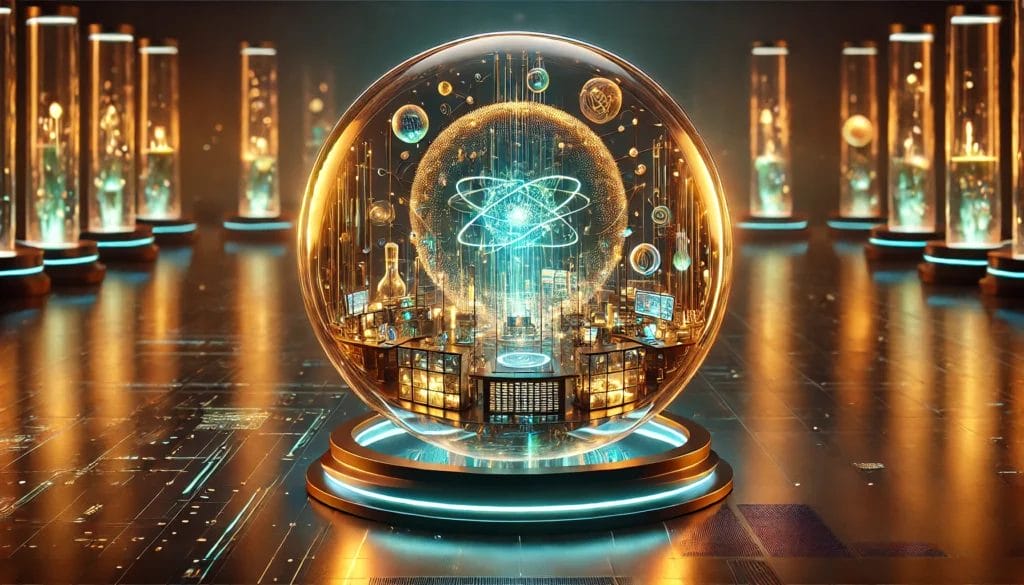 A futuristic, glowing sphere displays a high-tech cityscape with digital elements and atomic symbols. It sits on a metallic platform surrounded by illuminated columns, all set in a dark, reflective environment.