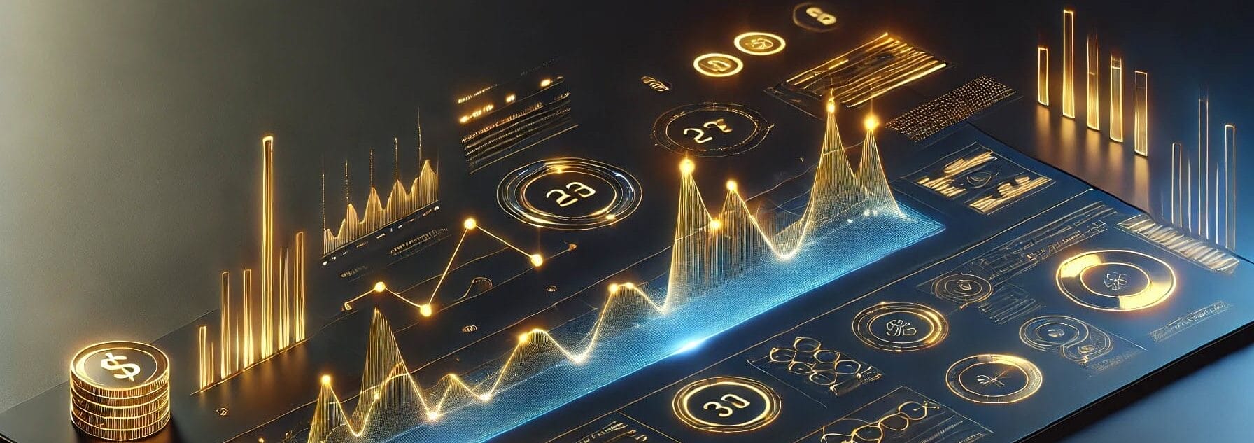 Futuristic digital interface with glowing charts, graphs, and data visualizations in 3D. Elements include line graphs, bar charts, and coin icons, all in shades of gold and yellow on a dark background.