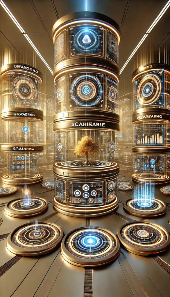 Futuristic room with circular golden platforms and holographic displays. A central tree encased in a transparent cylinder is surrounded by labeled pillars with words like "SCANIRABLE" and "BRANDING," featuring digital screens and blue light effects.