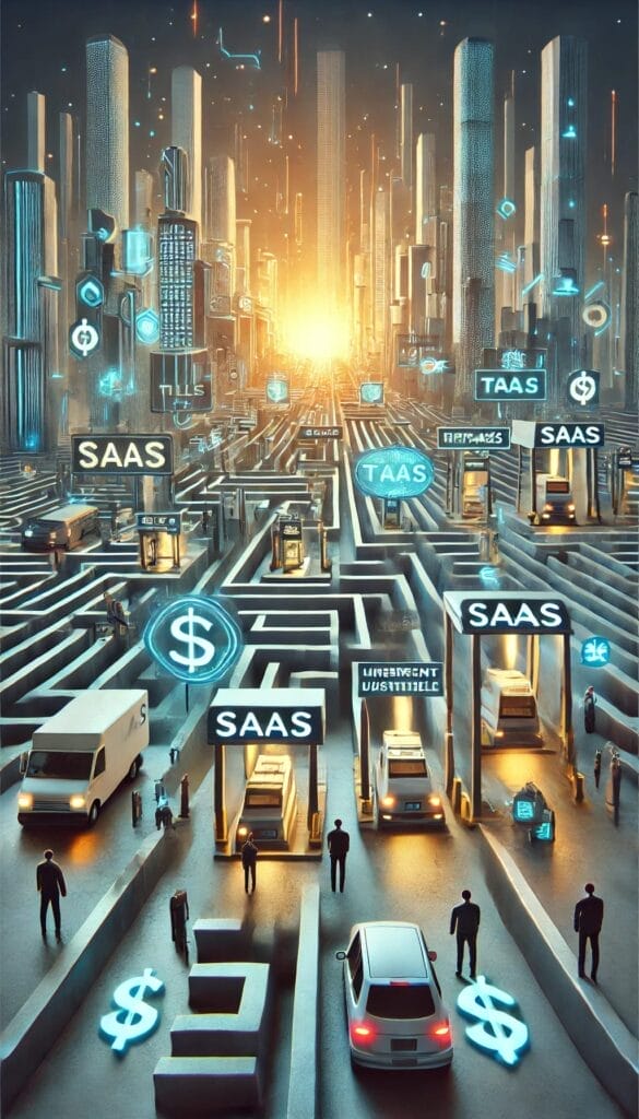 Futuristic cityscape with a glowing horizon, featuring tall buildings and a maze-like road network. Vehicles navigate paths labeled "SAAS" and "TAAS," symbolizing technology and business concepts. Digital icons and people are visible throughout the scene.