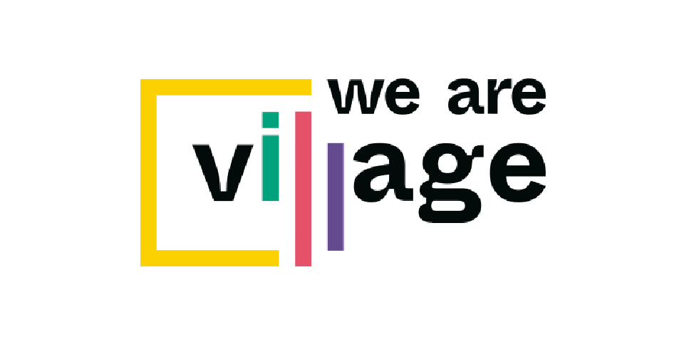 Logo with text "we are village." "Village" is depicted creatively, with colored bars replacing the letters "l" and "g." A yellow square outline frames the text partially.
