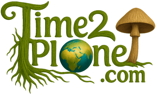 Logo with the words “Time 2 Plant .com” in green, with roots extending from the “T,” an earth globe as the “a,” and a brown mushroom forming the letter “t.”.